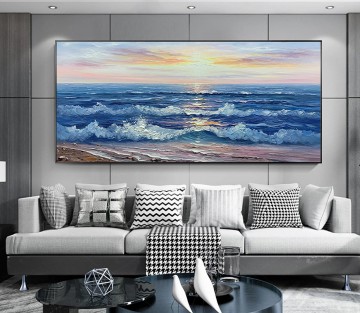 風景 Painting - 日光海景青い波パレットナイフビーチアート壁装飾海岸